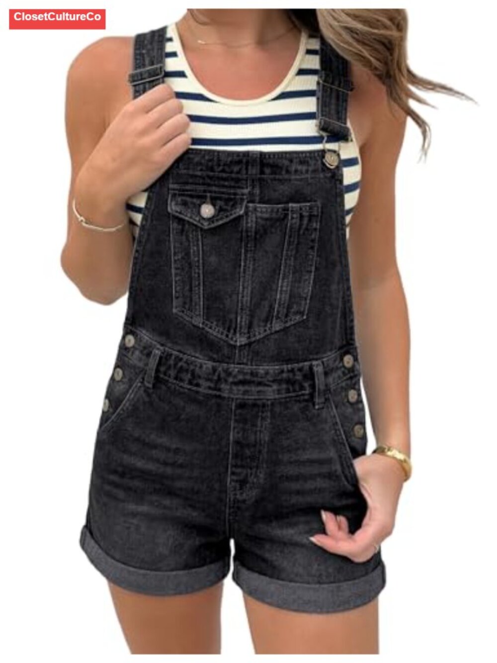 Denim Overall Shorts Adjustable Straps Cuffed Hem Casual Summer